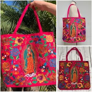 Embroidered Virgin Mary Our Lady of Guadalupe Pink Tote Bag